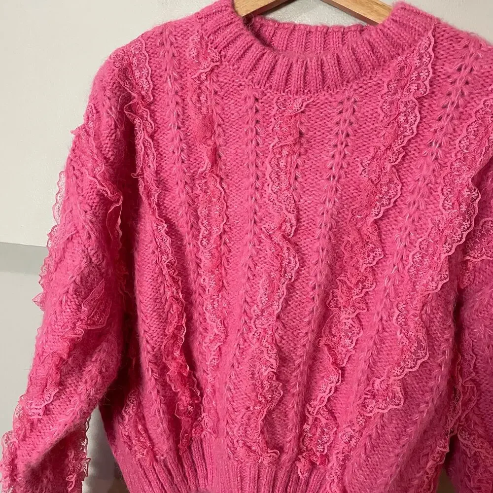 Zara Pink Ruffled & Lace Chunky Knit Sweater SZ Medium Girly Coquette Preppy - Picture 6 of 15